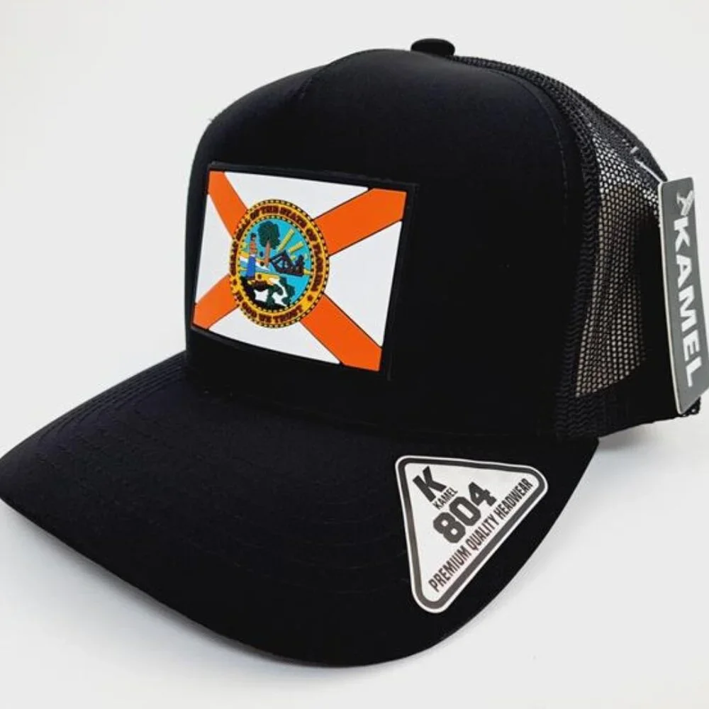Florida State Pride Retro Flag PVC Patch Kamel 804 Mesh Snapback Black Hat Cap